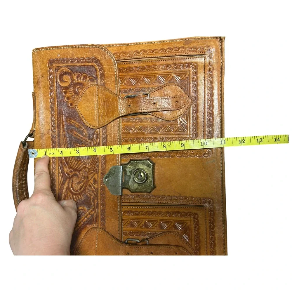 Vintage Mexican Hand Tooled Leather Briefcase Aztec Calendar Eagle Satchel Bag